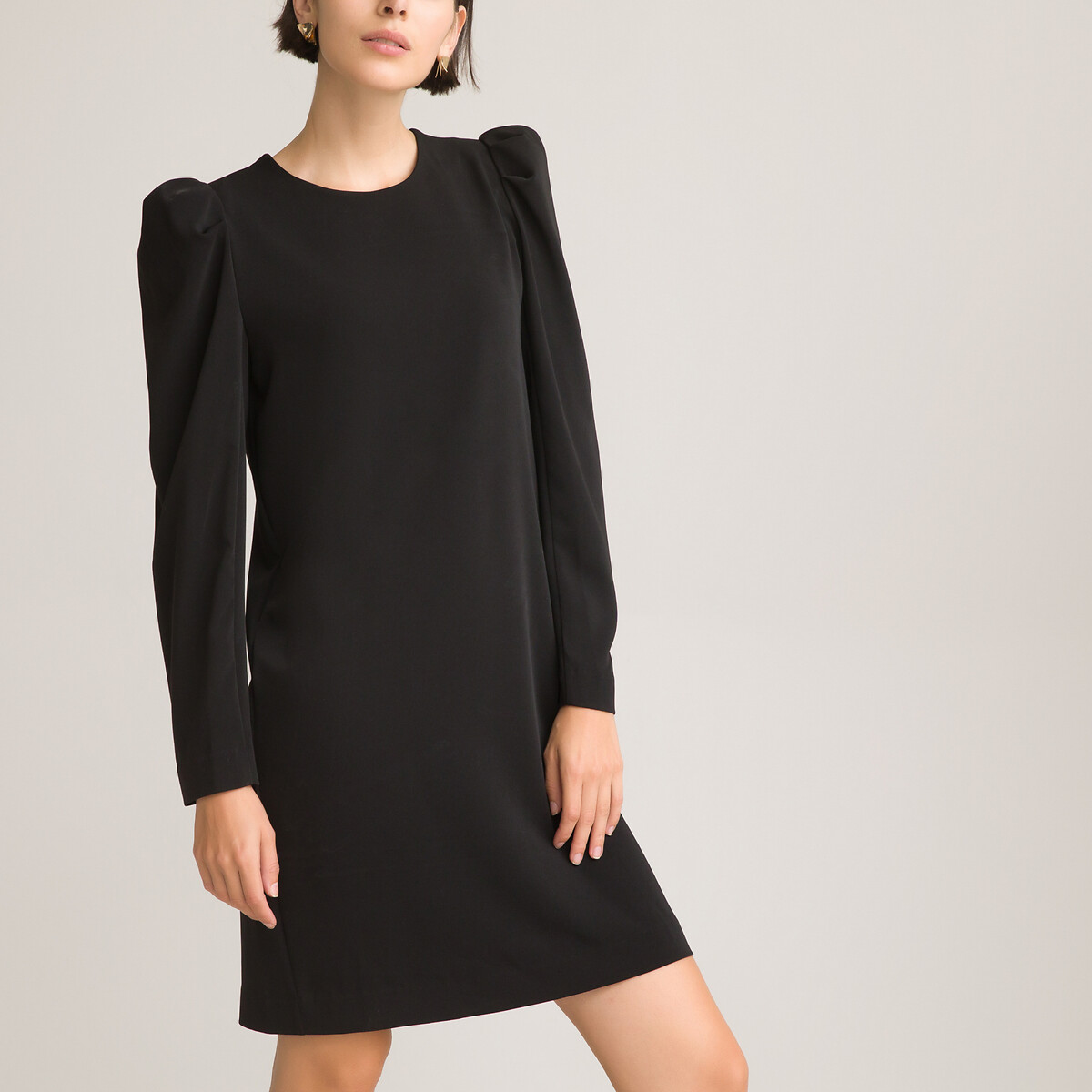 Mini shift dress with long puff sleeves ...